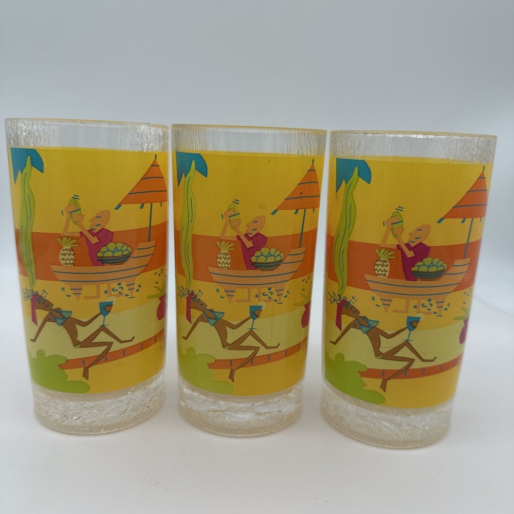 VTG Libbey Tropical Beach Scene Highball Glasses Frosted Bottom Tiki Set of 3